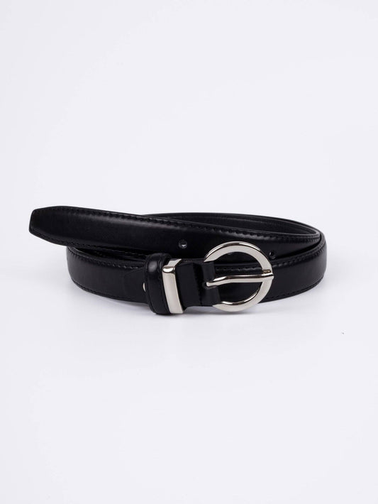 Leather Belt - Amiens - Curved Buckle - Silver / Black