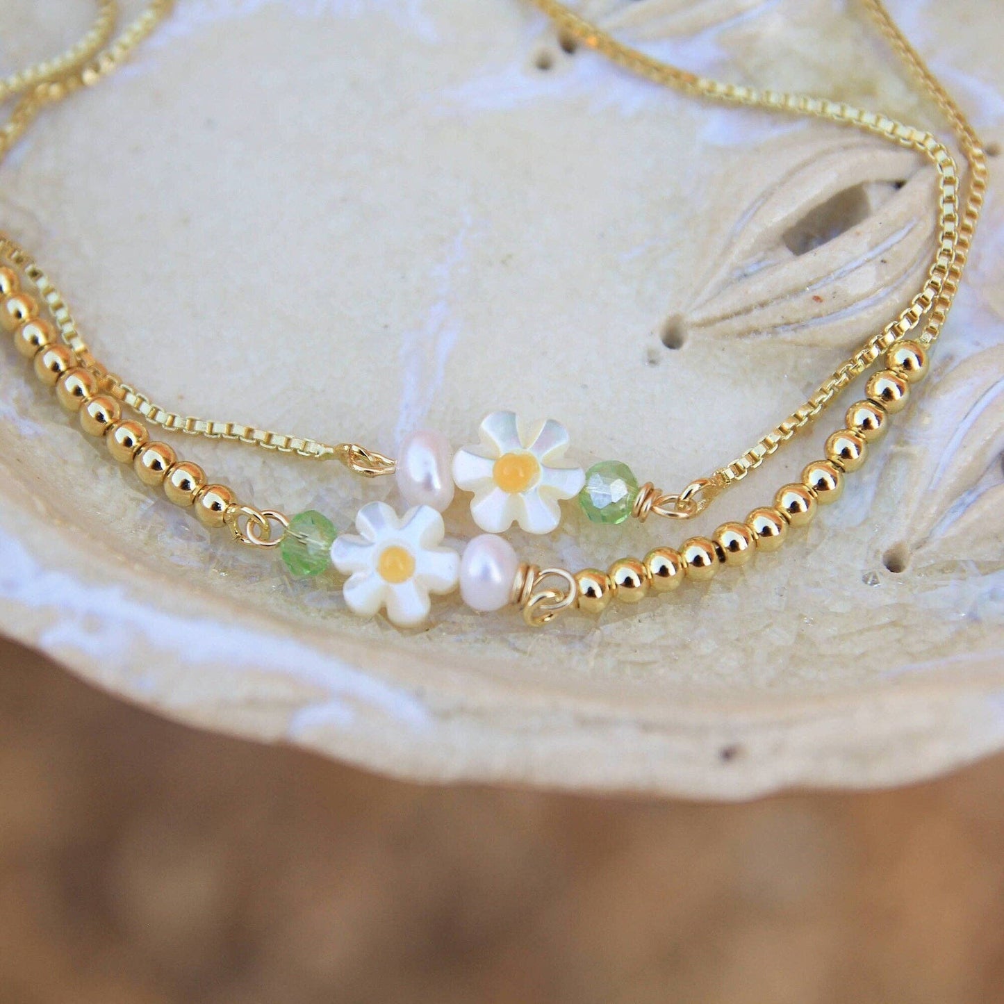 Gold Shell Daisy and Genuine Pearl Bracelet