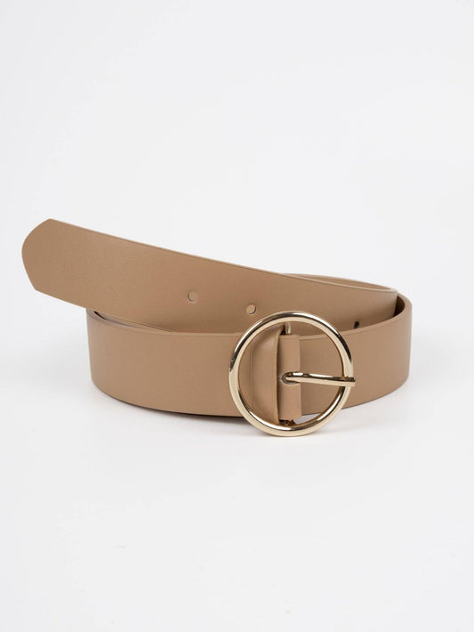 Leather Belt - Melun - Circular Buckle - Gold / Beige