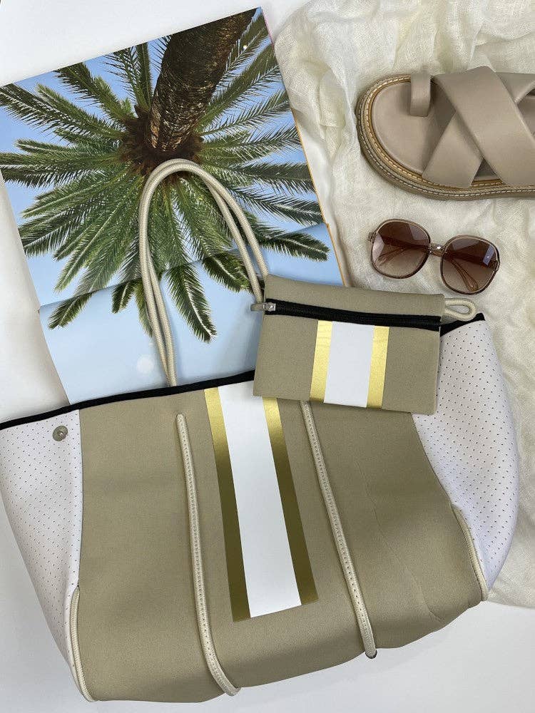 The Everyday Luxe Tote - 2 Piece Set - Stripe - Beige & Gold