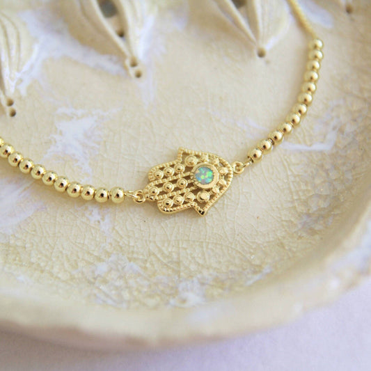 Gold Opal Hamsa Hand Bracelet