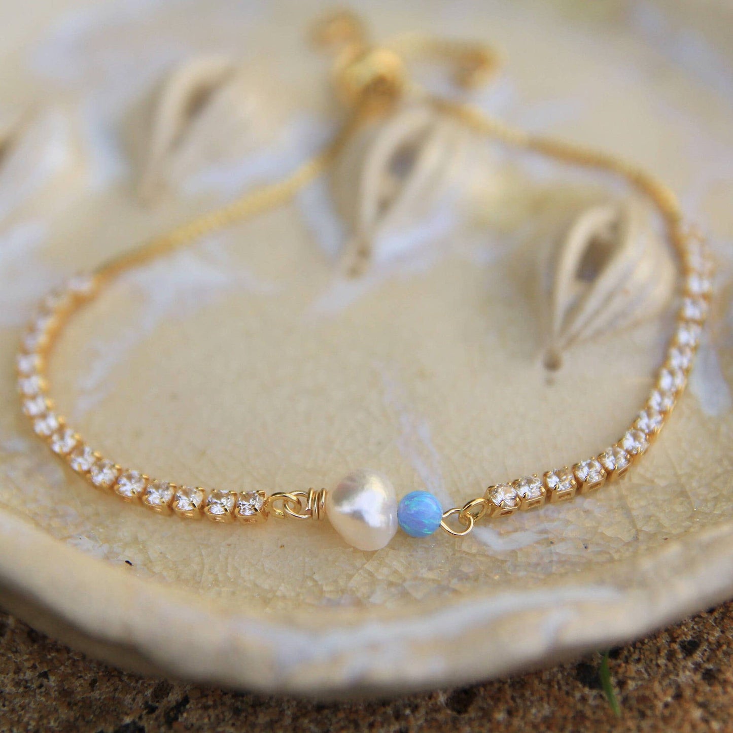 Gold Pearl and Blue Opal Bracelet