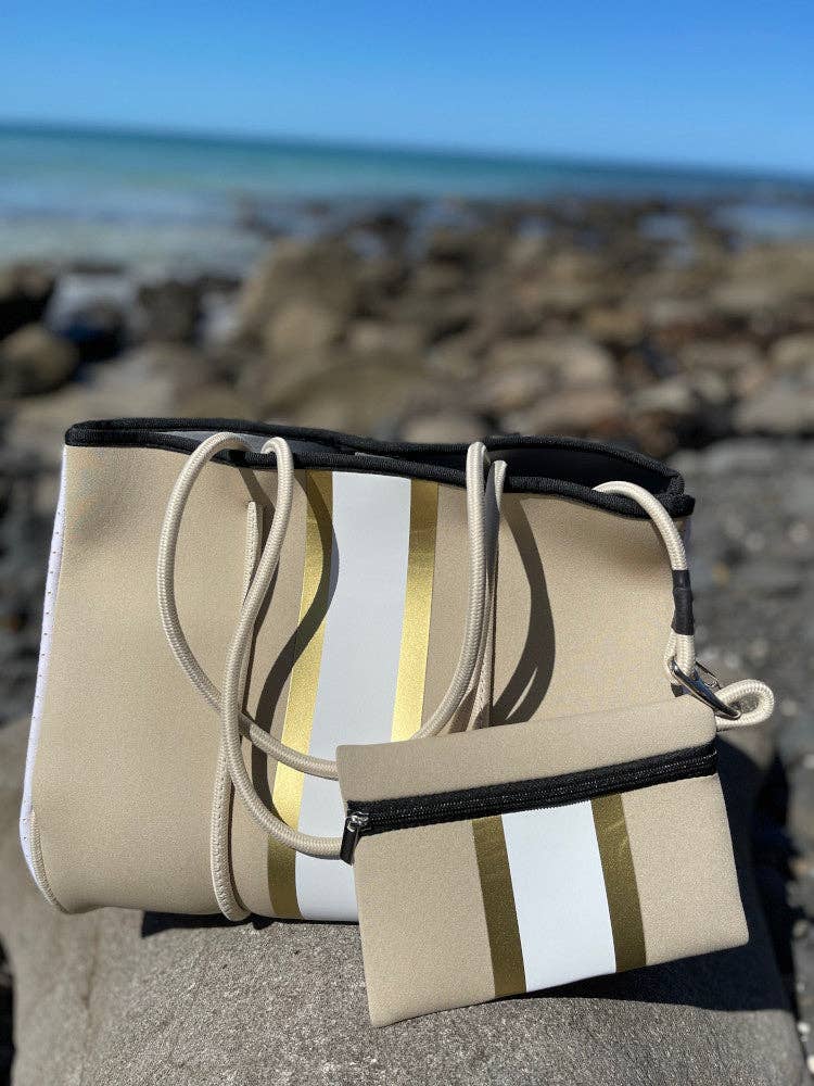 The Everyday Luxe Tote - 2 Piece Set - Stripe - Beige & Gold