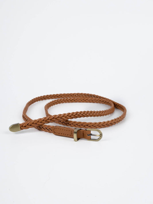 Vegan PU Leather Belt - Toulouse - Plaited Narrow - Gold / Tan - 100cm