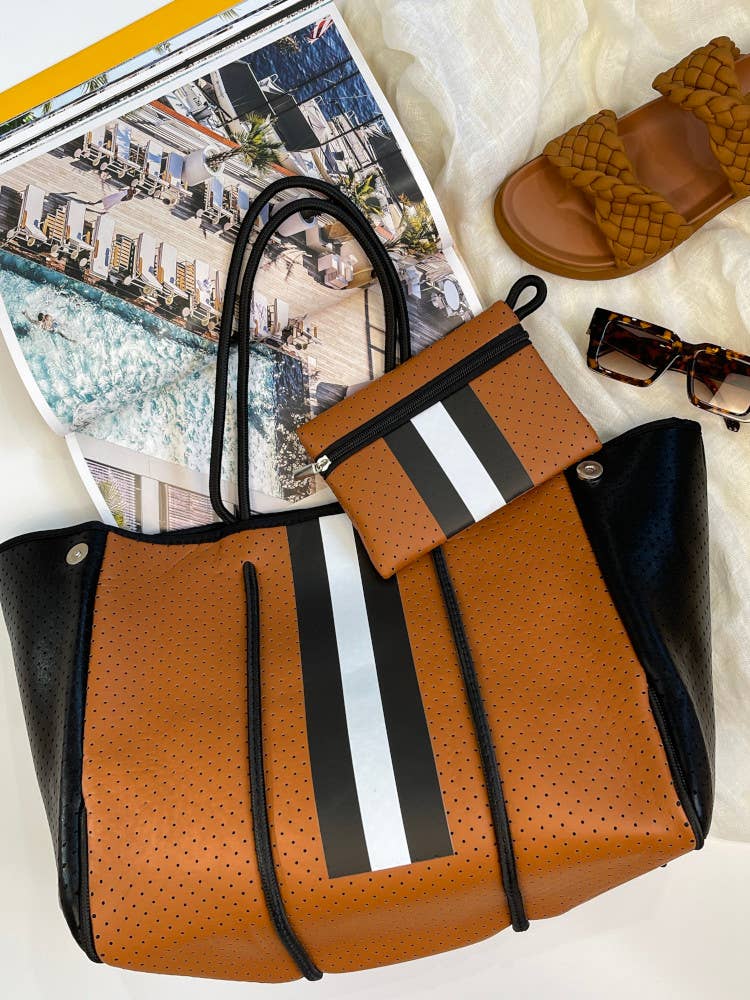 The Everyday Luxe Tote - 2 Piece Set - Stripe - Tan & Black