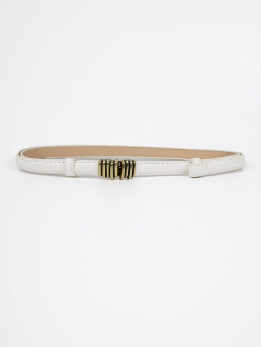 Leather Belt - Nevers - Vertical Lines Buckle - Gold / White