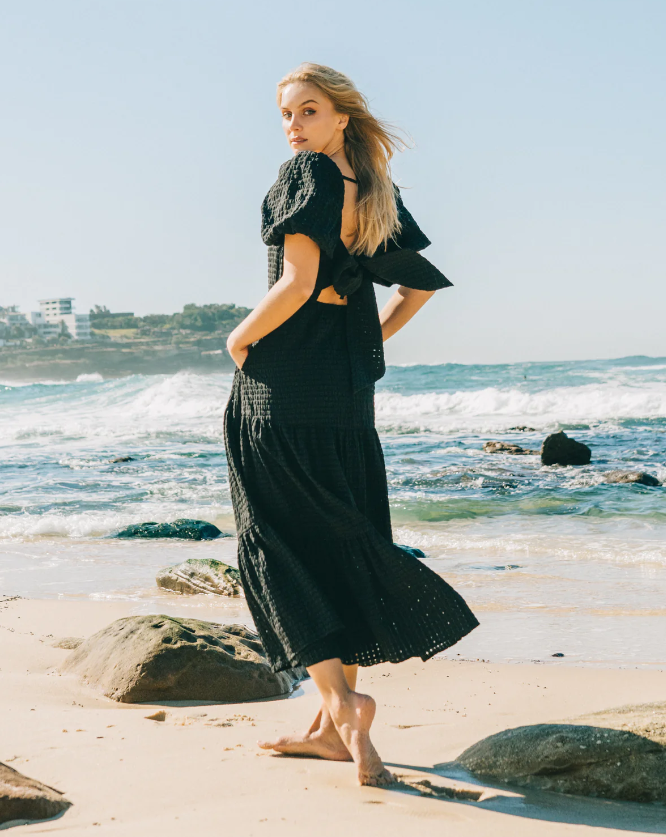 Black Balloon Sleeve Tiered Maxi Dress