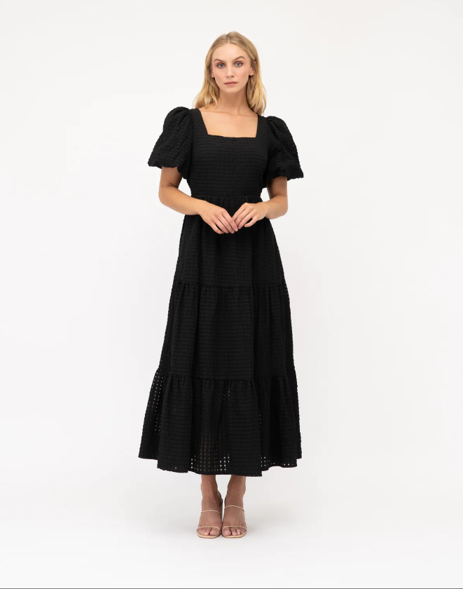 Black Balloon Sleeve Tiered Maxi Dress