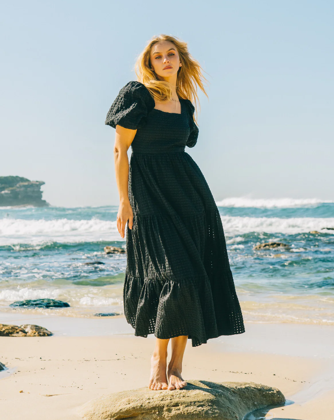 Black Balloon Sleeve Tiered Maxi Dress